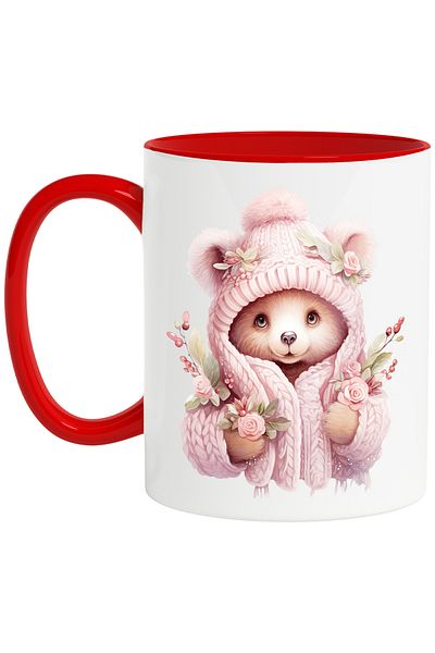 StoryGift Romania Mug with a bear dressed in thick clothes | illustration | flowers | nature | outside | cold | coat, With Red Handle