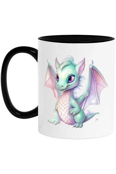 StoryGift Romania Cana cu un pui de dragon | ilustratie | solzi | verde | stralucitor | pentru cop, Cu Maner Negru