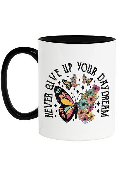 StoryGift Romania Cana cu mesajul "Never give up your daydream", ilustratie, motivational, fluturi, Cu Maner Negru