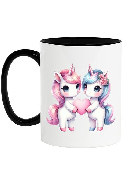 StoryGift Romania Mug with 2 unicorns holding a heart, illustration, love, appreciation, flowers, imbuj, With ,STG