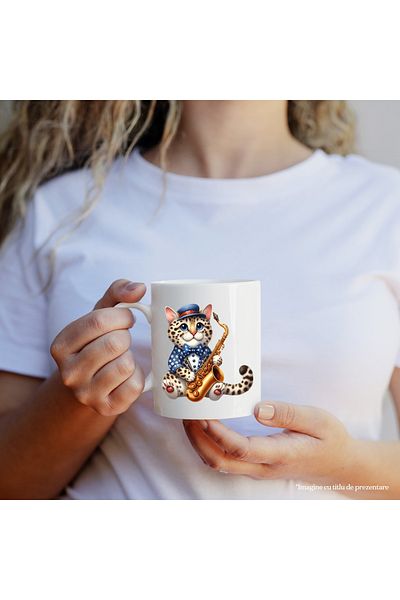 StoryGift Romania Mug with a cheetah cub holding a saxophone | illustration | music | instrument, With White Handle