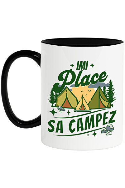 StoryGift Romania Cana imi place sa campez cort in natura aventura padure , 330ml, Ceramica cu Man, Cu Maner Negru