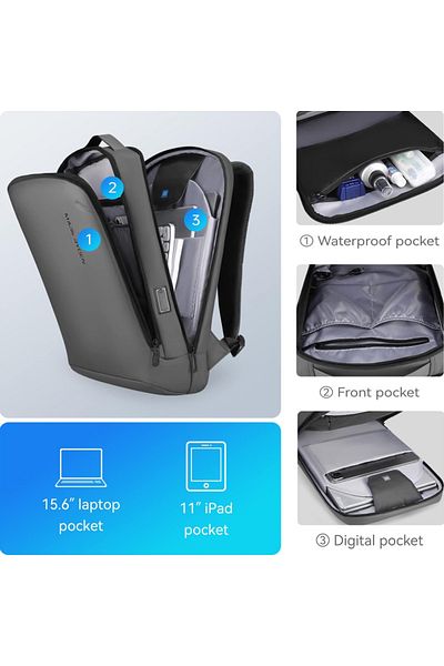 Mark Ryden Men's Backpack Smart, 15.6 Laptop, Waterproof Usb And Micro Usb, Slim, Gray Gray