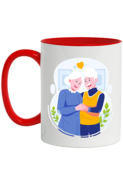 StoryGift Romania Cana Cu Cuplu, Batrani, Inima, Iubire, Multicolor 330 ml, Ceramica cu Maner Rosu, Cu Maner Rosu