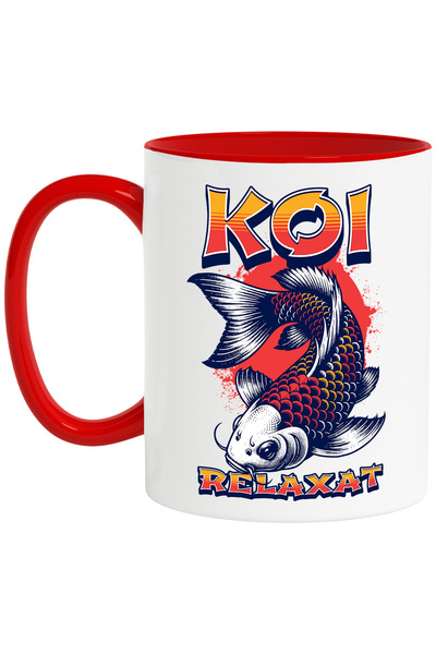 StoryGift Romania Cana Peste Koi relaxat, iubitorii de pescuit , 330ml, Ceramic cu Maner Rosu, Cu Maner Rosu