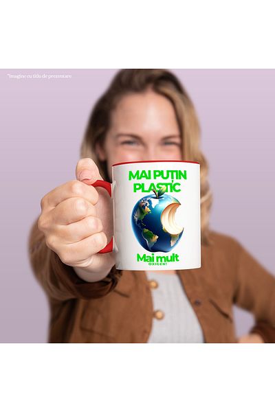 StoryGift Romania Mug less plastic more oxygen pollution, 330ml, Ceramic with Red Handle, With Handle, STG