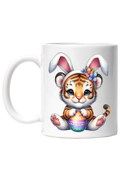 StoryGift Romania Mug with a tiger cub with bunny ears, illustration, Easter holidays, egg, With White Handle