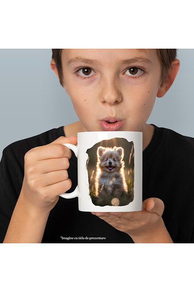 StoryGift Romania Cana cu Portret Caine Dragut, Rasa Pomeranian, Fericit, Zambind, Pufos, Catei, I, Cu Maner Alb