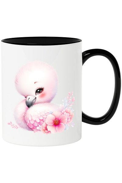 StoryGift Romania Cana cu o pasare Flamingo | ilustratie | plante | flori | imbujorata | fericire , Cu Maner Negru