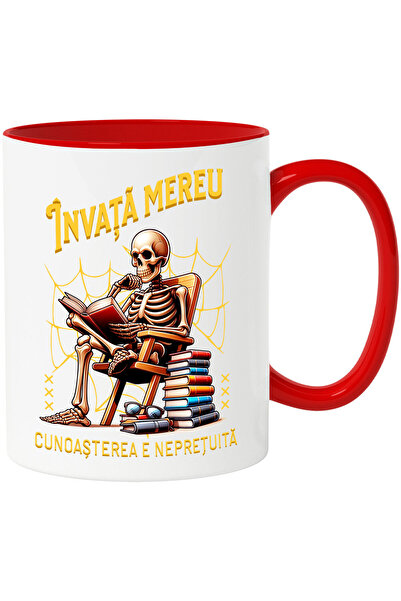 StoryGift Romania Cana cu Schelete Pe Fotoliu Cu Carte Citind, Teanc De Carti Text Invata Mereu Cu, Cu Maner Rosu