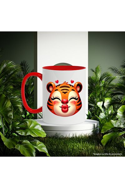 StoryGift Romania Mug with a female tiger giving a kiss | illustration | hearts | happiness | ap, Cu,STG