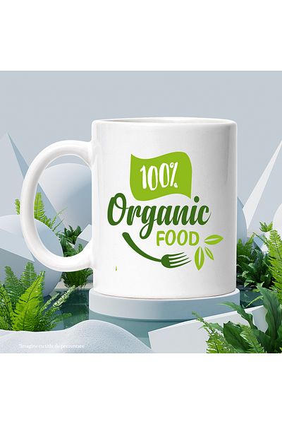 StoryGift Romania Cana Cu Mesaj In Engleza 100% Organic Food, Frunze, Picatura, Mancare, Furculita, Cu ,stg