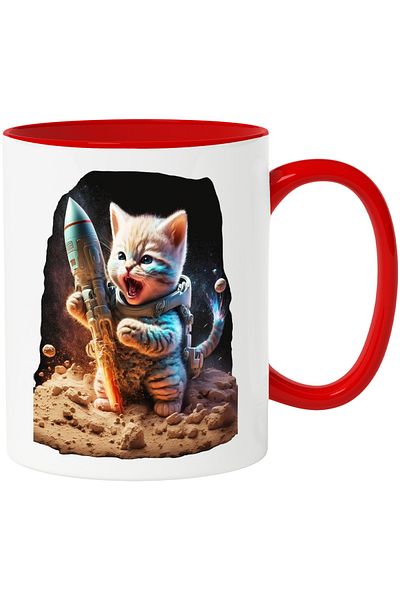 StoryGift Romania Cana cu Portret Pisica in Spatiu, Star Wars, Pisica pe Marte, Pisica Astronaut, , Cu Maner Rosu