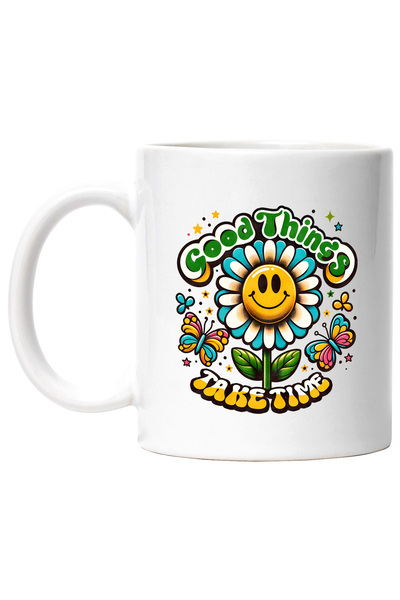 StoryGift Romania Cana cu o floare vesela cu mesajul "Good things take time", stilul hippie, cultu, Cu Maner Alb