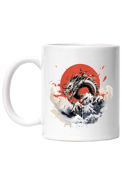 StoryGift Romania Cana cu un dragon chinezesc, ilustratie, cerc rosu, iese din apa, mare, furios, , Cu Maner Alb