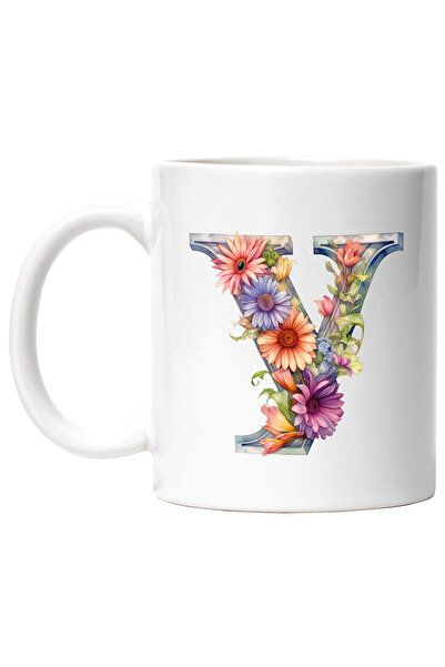 StoryGift Romania Cana cu litera "Y", ilustratie, pentru copii, scoala, elev, flori, abecedar, alf, Cu Maner Alb