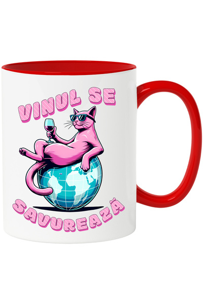 StoryGift Romania Cana savureaza vinul pisica cu ochelarii de soare, 330ml, C...