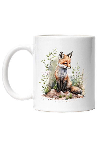 StoryGift Romania Cana cu un pui de vulpe | ilustratie | in natura | plante | ierburi | curios | v, Cu Maner Alb