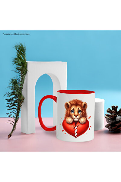 StoryGift Romania Mug With A Sad Lion Holding A Broken Heart, Illustration, Disappointment, Breakup, With ,stg