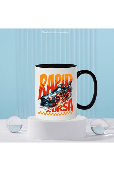 StoryGift Romania Cana cu Masina Neagra Sport In Flacari Iubitorii DE Viteza Text Rapid Cursa. Ile, Cu Maner Negru