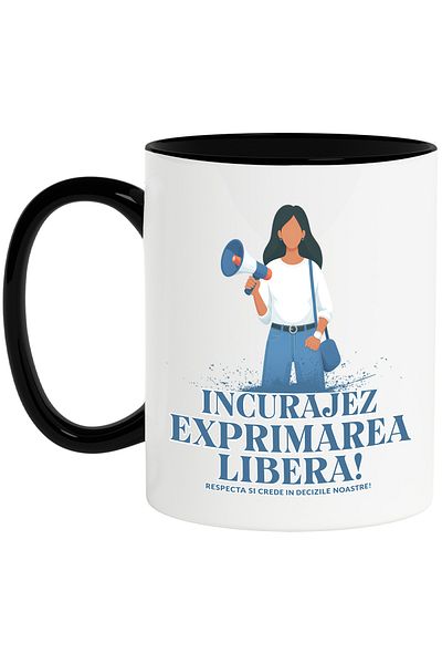 StoryGift Romania Cana Femeie cu Megafon Mesaj Motivational Incurajez Exprimarea Libera, , 330ml, , Cu Maner Negru
