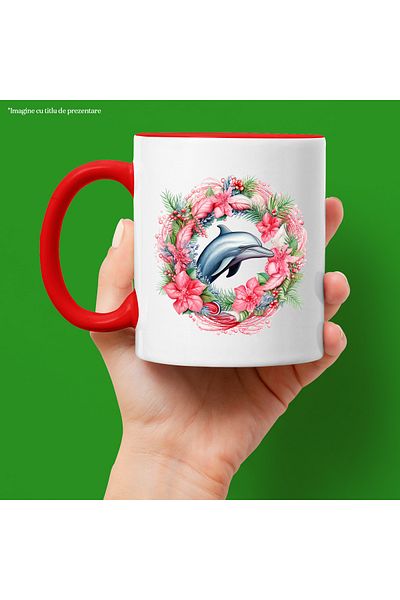 StoryGift Romania Mug with a dolphin | poppy crown | leaves | mistletoe | water | sea | ocean |, With