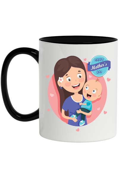StoryGift Romania Cana Cu Mesaj In Engleza Happy Mother's Day, Ziua Mamei, Bebelus, Inimi, Cerc, M, Cu Maner Negru