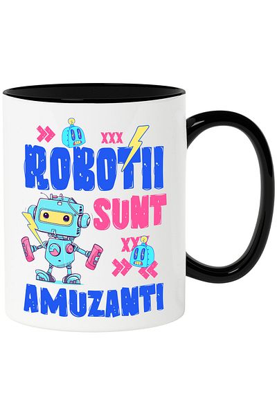 StoryGift Romania Cana cu Robot Metalic Colorat Text Robotii Sunt Amuzanti, Robotica, Calculatoare, Cu Maner Negru