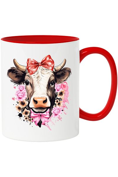 StoryGift Romania Mug with a cow with a bow on her head, flowers around, roses, Valentine's Day, illu, With ,STG