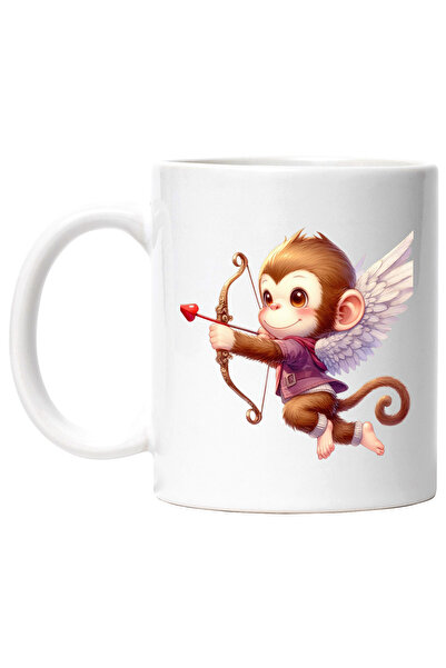 StoryGift Romania Cana cu o maimutica Cupidon, ilustratie, trage cu arcul, indragostire, aripi, Va, Cu Maner Alb