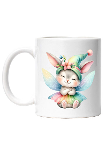 StoryGift Romania Cana cu o iepuroaica | are aripi de zana | ilustratie | vesela | caciula | floar, Cu Maner Alb