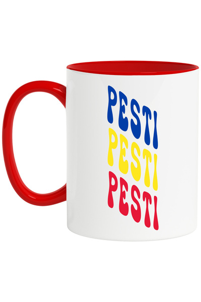 StoryGift Romania Cana Cuvantul Pesti, in Culorile Steagului Romaniei, Rosu, Galben, Albastru, Tex, Cu Maner Rosu