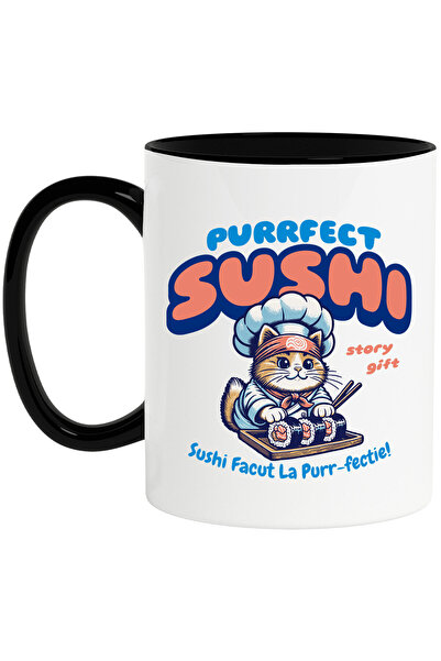 StoryGift Romania Cana cu Pisica Cheff Bucatar Cu Palarie Si Bandana ninja Stil Asiatic Text Purrf, Cu Maner Negru