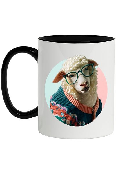 StoryGift Romania Cana Cu Oaie, Hipster, Ochelari, Pulover, Lana, Multicolor 330 ml, Ceramica cu M, Cu Maner Negru