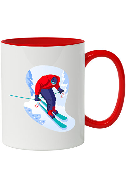 StoryGift Romania Cana Cu Ski, Bete, Ochelari, Zapada, Sport, Multicolor 330 ml, Ceramica cu Maner, Cu Maner Rosu