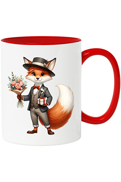 StoryGift Romania Cana cu un vulpoi care tine un buchet cu flori si un cadou ...