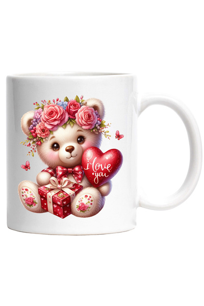 StoryGift Romania Cana cu o ursoaica de plus | ilustratie | fericire | cadou | inima cu mesajul "I, Cu Maner Alb