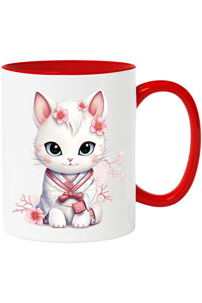 StoryGift Romania Cana cu o pisicuta in vestimentatie traditionala din Japonia | ilustratie | flor, Cu Maner Rosu