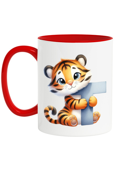 StoryGift Romania Cana cu un tigru cu litera "T", ilustratie, pentru copii, scoala, elev, abecedar, Cu Maner Rosu