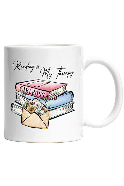 StoryGift Romania Cana cu un teanc de carti cu mesajul "Reading is my therapy...