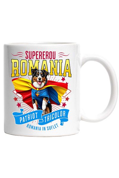 StoryGift Romania Cana cu Ciobănesc Australian / Australian Shepherd Caine In Costum de Capitan Ro, Cu Maner Alb