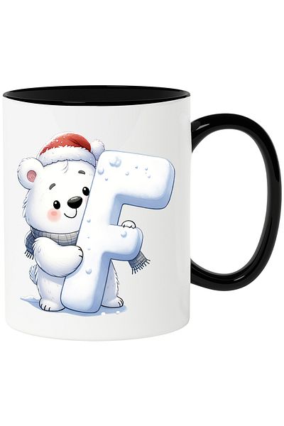 StoryGift Romania Mug with a polar bear holding the letter "F" | illustration | hat | scarf | school, With Black Handle