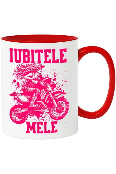 StoryGift Romania Cana iubitele mele femeie si motocicleta viteza aventura, 330ml, Ceramic cu Mane, Cu Maner Rosu