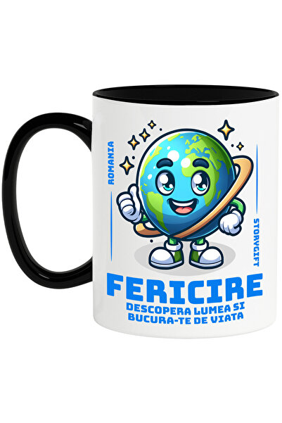 StoryGift Romania Cana cu Planeta Pamant Vesela text Fericire Descopera Lumea Si Bucura-te De viat, Cu Maner Negru