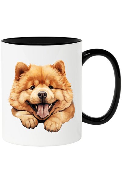 StoryGift Romania Cana cu un caine Chow Chow | ilustratie | limba scoasa | maro deschis | grasut |, Cu Maner Negru