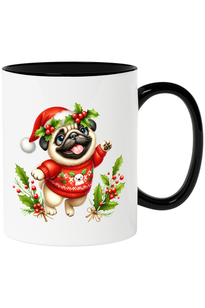 StoryGift Romania Cana cu un catel Pug care poarta o caciula de Craciun | ilu...