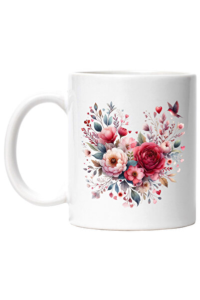 StoryGift Romania Cana cu multe flori, rosii, roz, pasare, ilustratie, inimio...