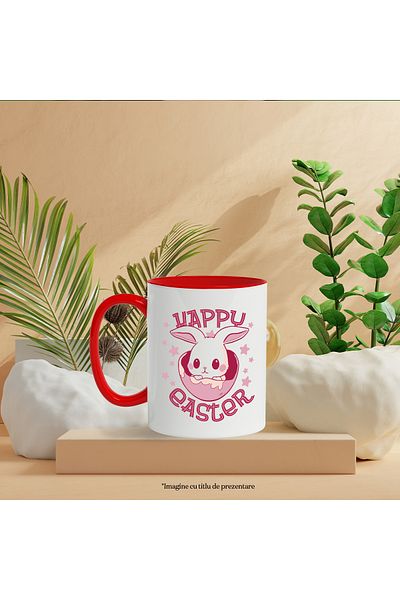 StoryGift Romania Cana Cu Mesaj In Engleza Happy Easter, Iepure, Paste, Stele, Multicolor 330 ml, , Cu Maner Rosu