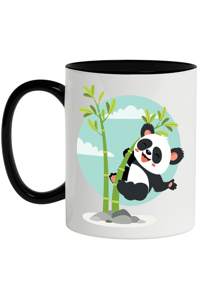 StoryGift Romania Cana Cu Urs Panda, Bambus, Pietre, Cer, Nori, Frunze, Asiatic, Multicolor 330 ml, Cu Maner Negru