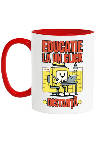 StoryGift Romania Cana Educatie la un click distanta scoala online, 330ml, Ceramic cu Maner Rosu, Cu Maner Rosu